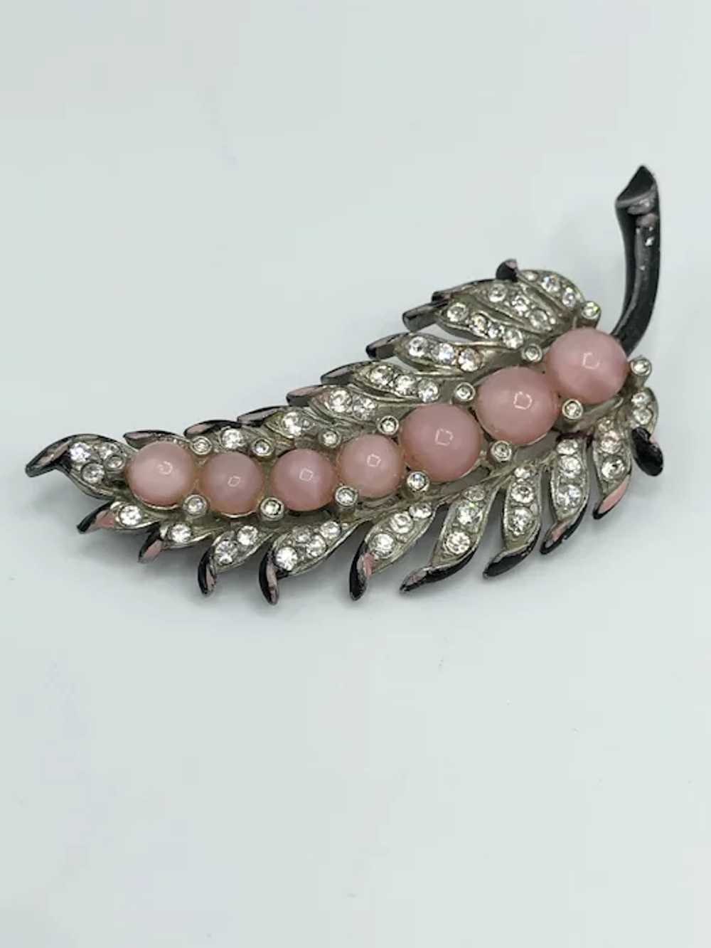 Estate Pink Glass Moonstone Enamel Leaf Brooch Pin - image 3