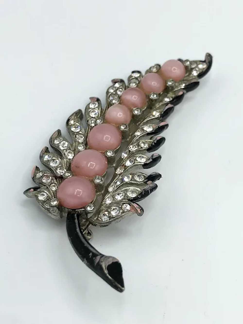 Estate Pink Glass Moonstone Enamel Leaf Brooch Pin - image 4