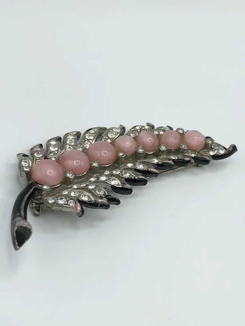 Estate Pink Glass Moonstone Enamel Leaf Brooch Pin - image 5