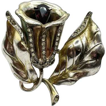 Art Deco Glass Rhinestone Flower Estate Pin Brooch - image 1