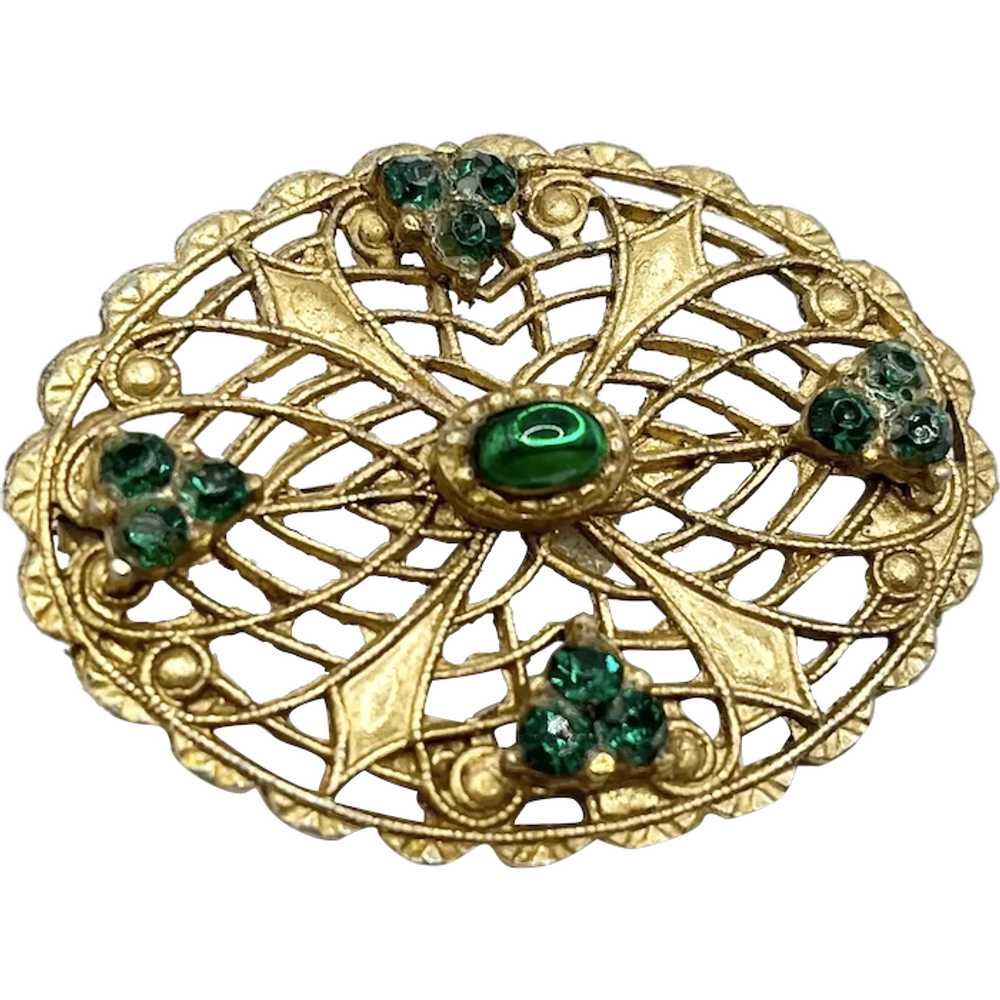 Vintage Green Rhinestone Gold Filigree Brooch Pin - image 1