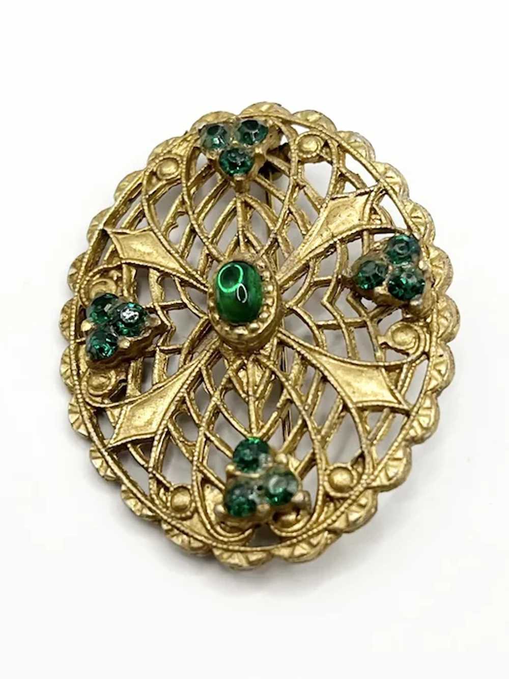 Vintage Green Rhinestone Gold Filigree Brooch Pin - image 2