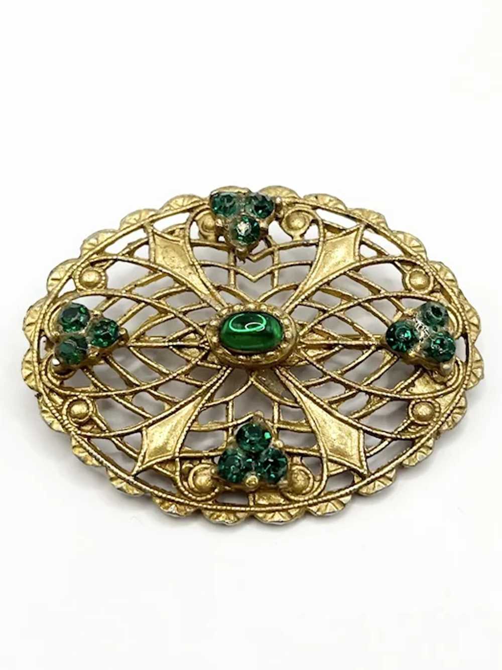 Vintage Green Rhinestone Gold Filigree Brooch Pin - image 3