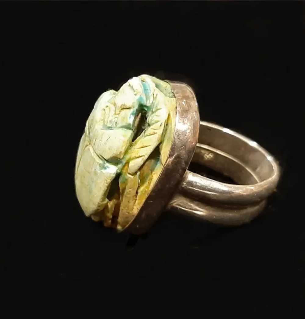 Vintage Egyptian Scarab Bead & Sterling Ring - image 2
