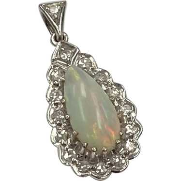 Opal & Diamond Vintage Pendant 18K White Gold, Pe… - image 1