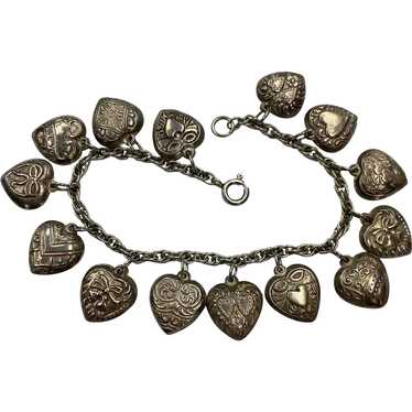 Victorian Sterling Silver Puffy Heart Charm Bracelet