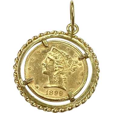 1899 US Gold $5 Half Eagle Coin Pendant in 18K Go… - image 1
