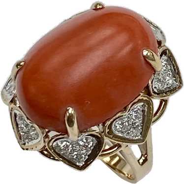 BIG Red Coral & Diamond Vintage Ring 14K Two-Tone… - image 1