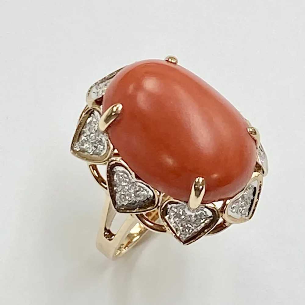 BIG Red Coral & Diamond Vintage Ring 14K Two-Tone… - image 2