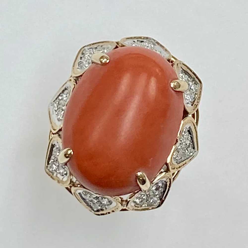 BIG Red Coral & Diamond Vintage Ring 14K Two-Tone… - image 3