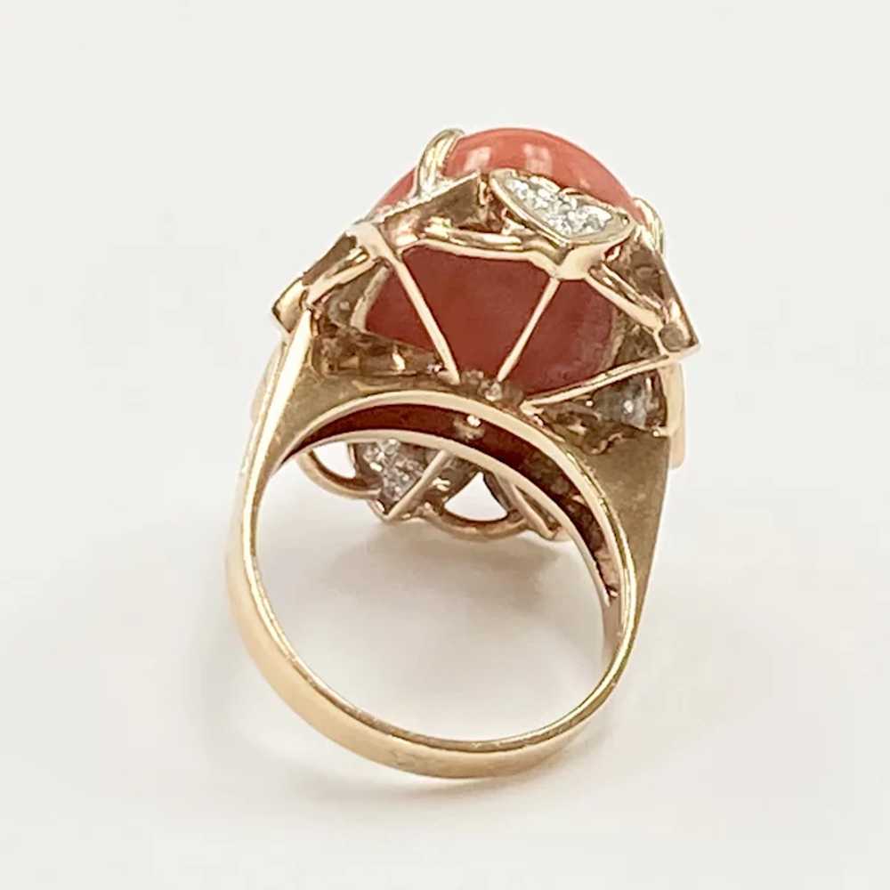 BIG Red Coral & Diamond Vintage Ring 14K Two-Tone… - image 5