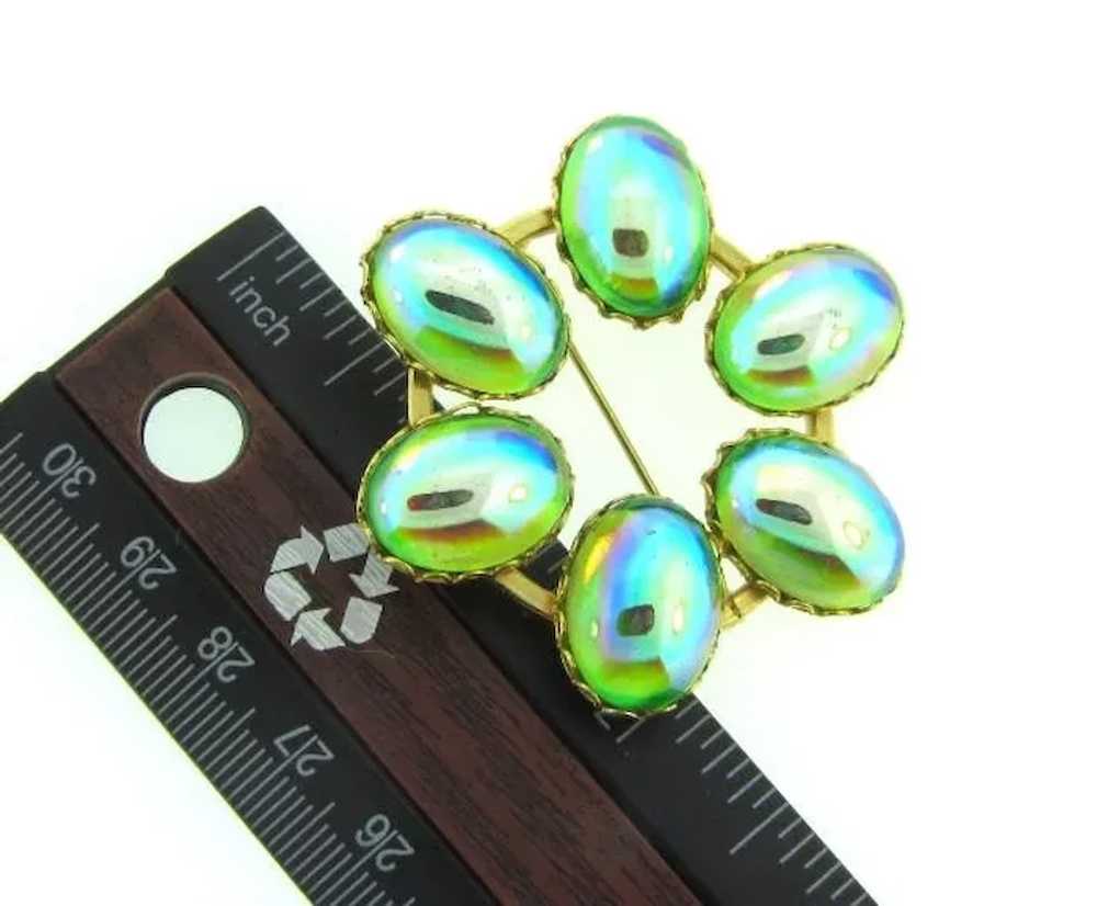Vintage circular 1960's Brooch with green AB glas… - image 3