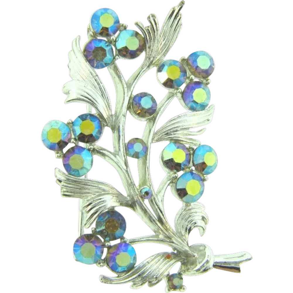 Signed Lisner silver tone floral Brooch with blue… - image 1