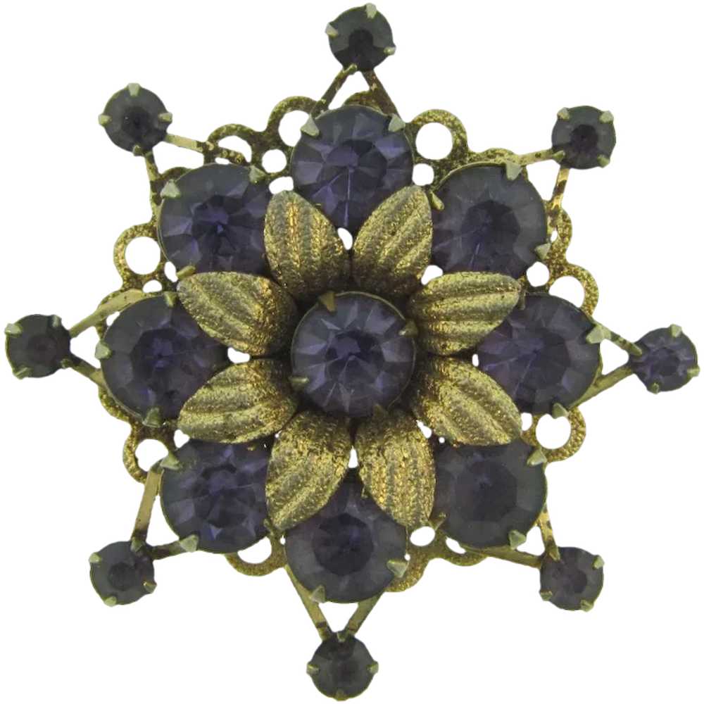 Vintage gold tone Brooch with purple rhinestones - image 1