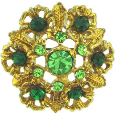 Vintage gold tone circular floral Brooch with gre… - image 1