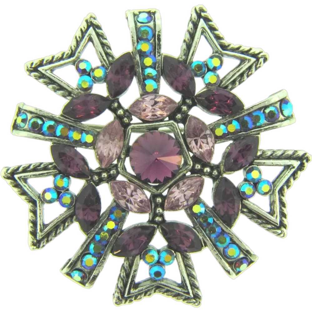 Vintage silver tone Brooch with purple and blue A… - image 1