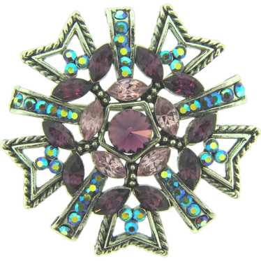 Vintage silver tone Brooch with purple and blue AB