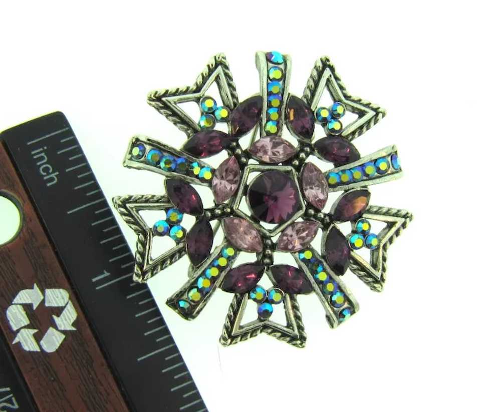 Vintage silver tone Brooch with purple and blue A… - image 3