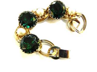 Big Chunky Emerald Rhinestone Vintage 50s  Bracel… - image 1