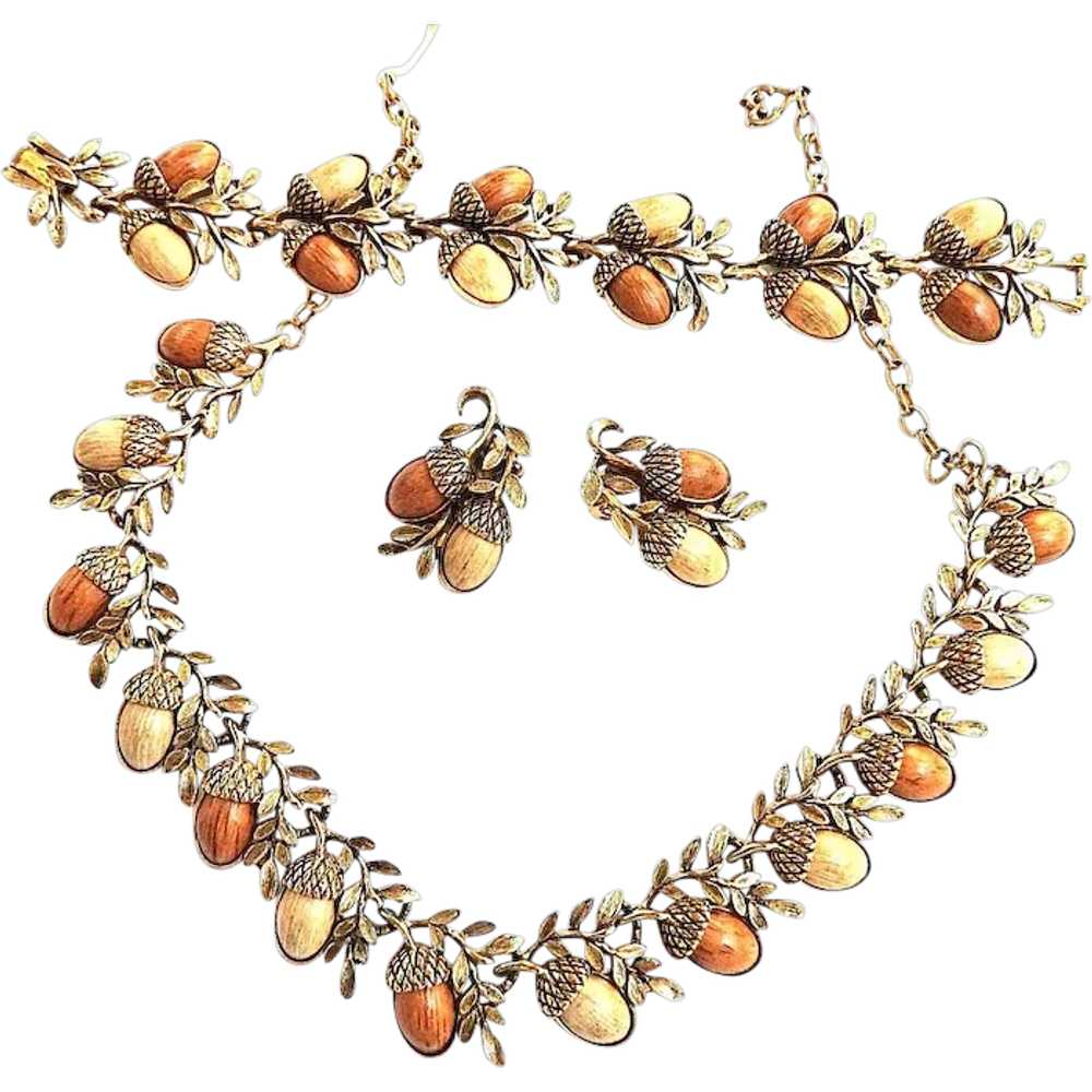 Vintage 50s Acorn Necklace Bracelet and Earrings … - image 1