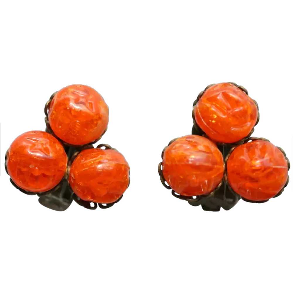 Vintage clip on earrings-orange plastic beads - image 1