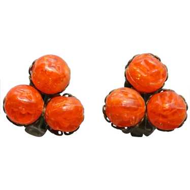 Vintage clip on earrings-orange plastic beads - image 1