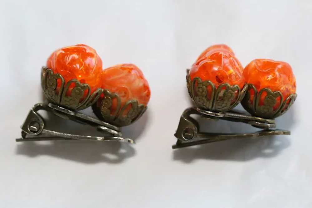 Vintage clip on earrings-orange plastic beads - image 2