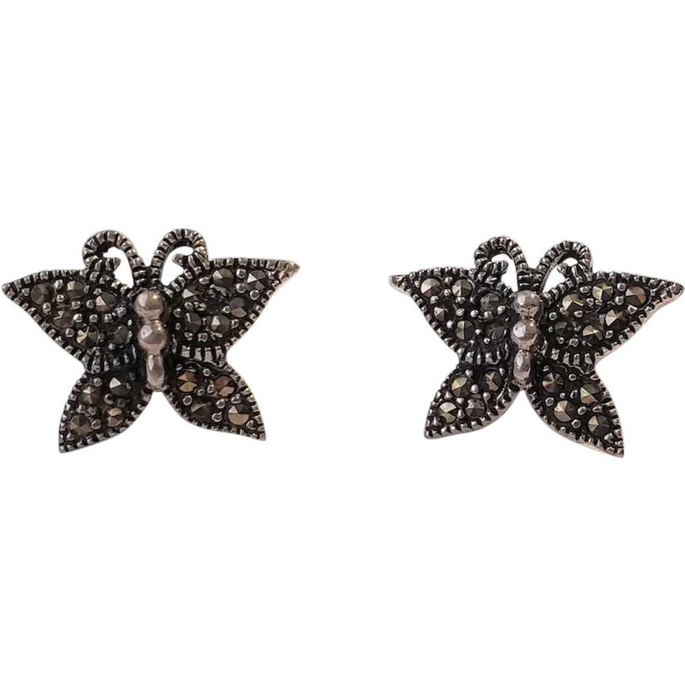 Vintage Sterling Silver Marcasite Butterfly Earri… - image 1