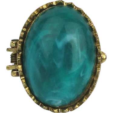 Vintage Solid Perfume Ring Nice Turq Glass Stone -