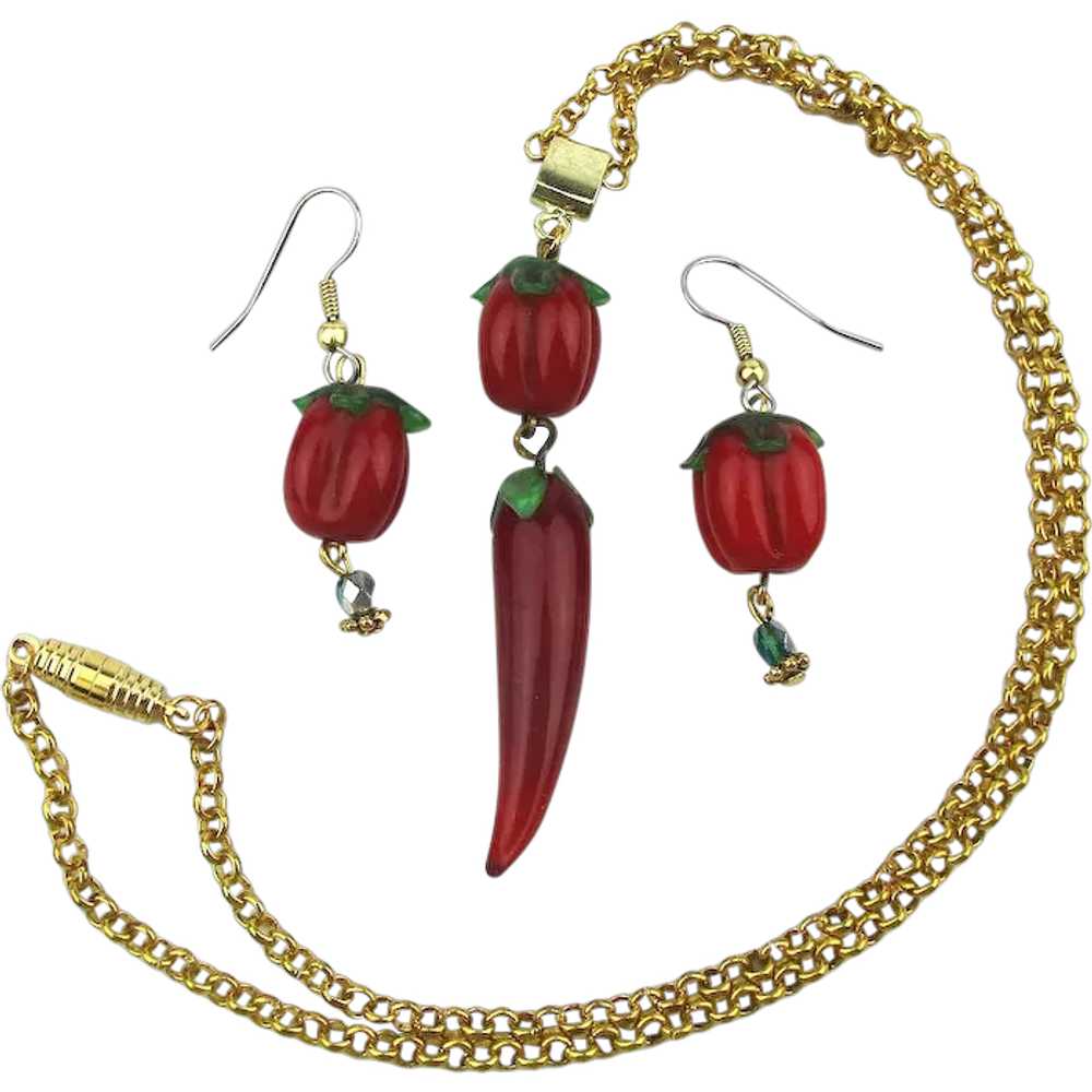 Serious Red Pepper Figural Charm Set Necklace Ear… - image 1