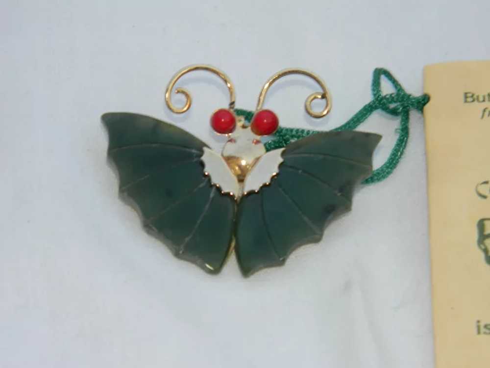 Jade Dynasty Butterfly Coral Beaded Eyes Brooch a… - image 5