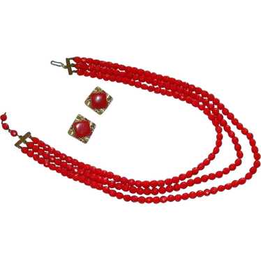 Romantic Cherry Red Glass Beaded Triple Strand Ne… - image 1