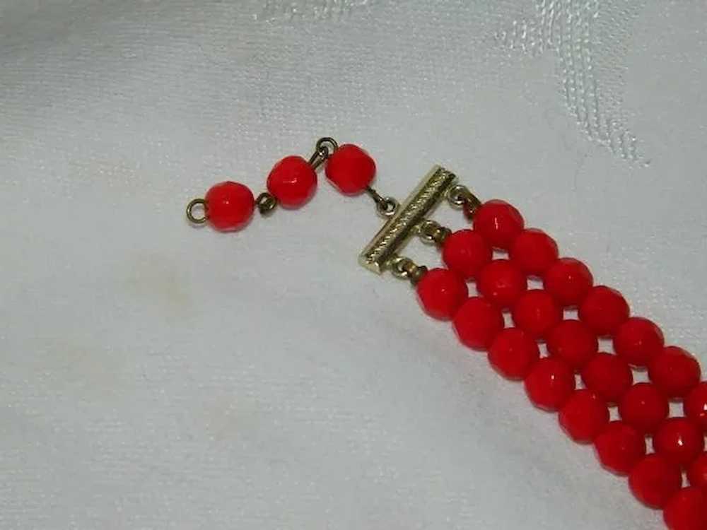 Romantic Cherry Red Glass Beaded Triple Strand Ne… - image 2