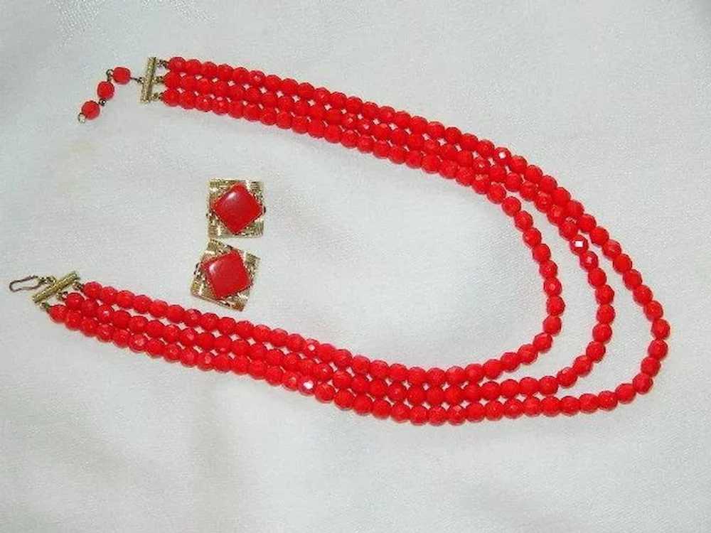 Romantic Cherry Red Glass Beaded Triple Strand Ne… - image 6