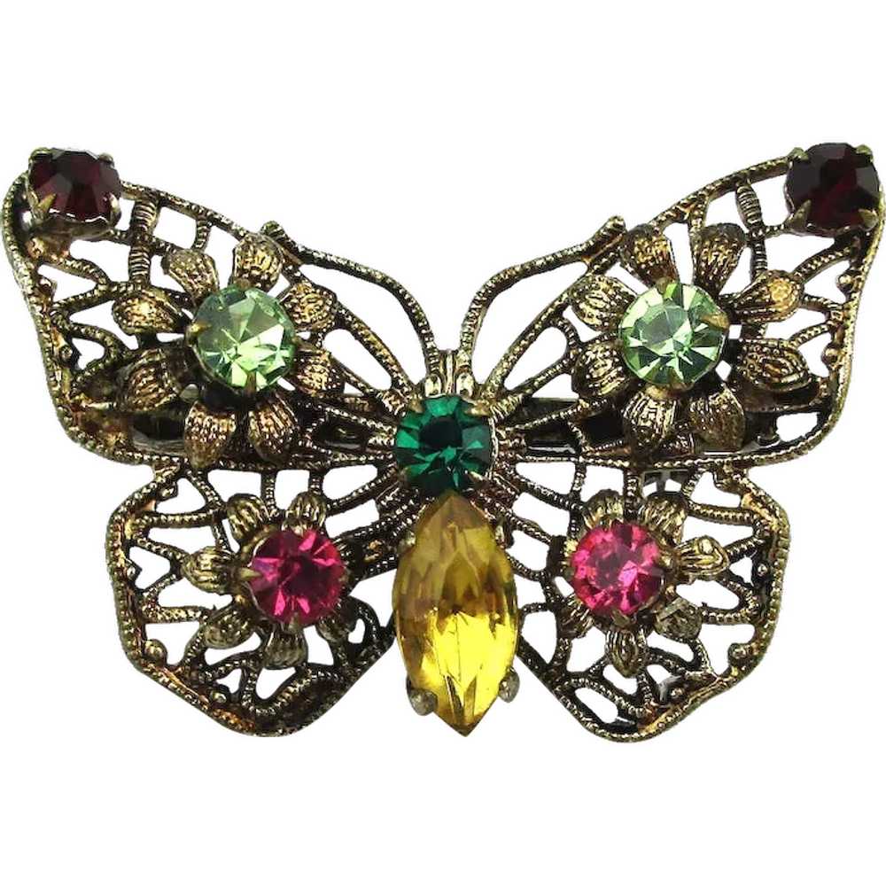 Old Czech Filigree Butterfly Pin w/ Rhinestones - image 1