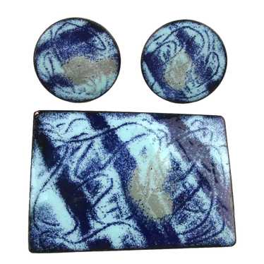 Modern Art Swirl of Blue Enamel Copper Pin n Earri