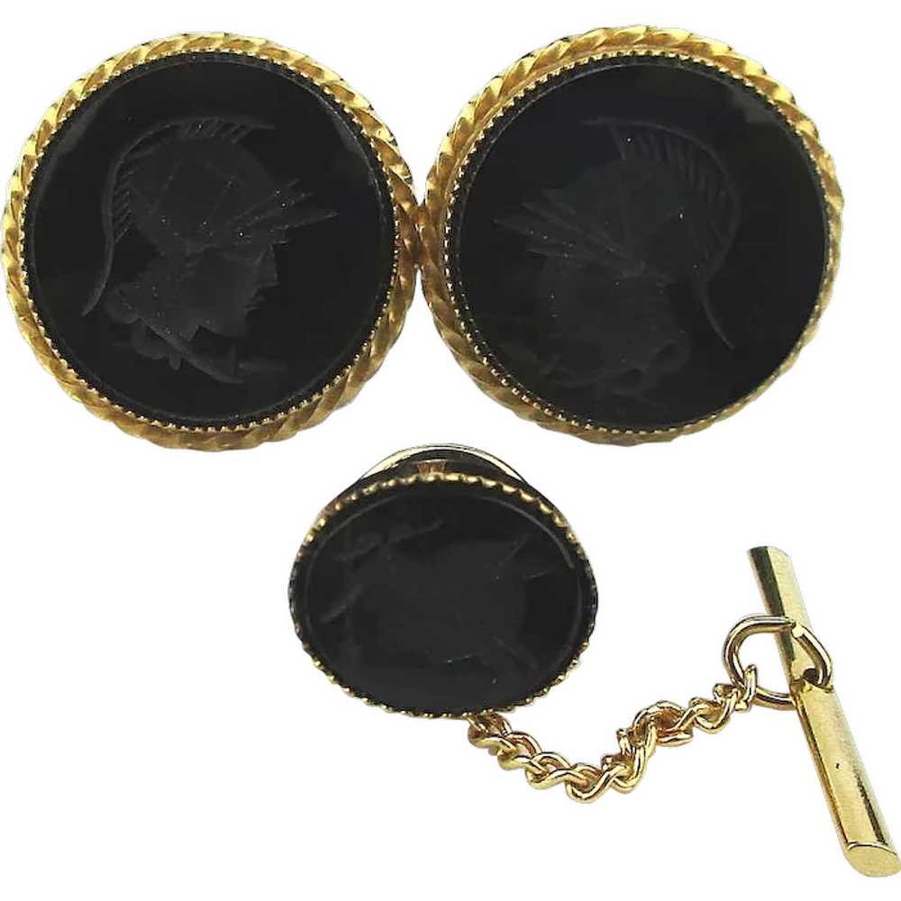 Gold-Filled Black Onyx Warrior Intaglio Cufflinks… - image 1