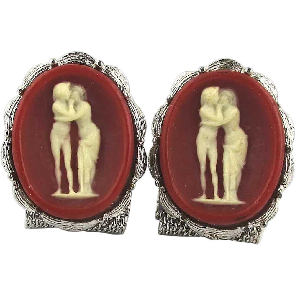 Vintage Carved Stone Cameo Kissing Couple Cufflin… - image 1