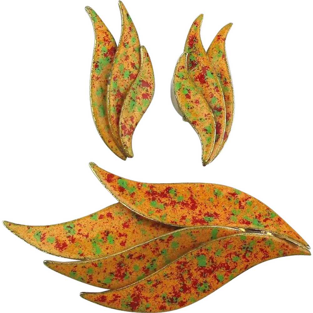 Pin Earrings Set '60s Enamel in Autumn Colors - image 1