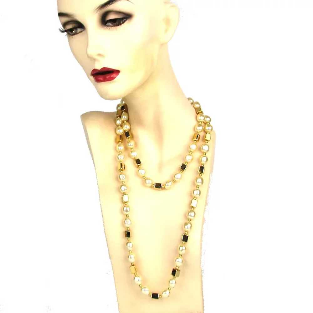 Vintage NAPIER Duo Faux Pearl Gold Box Necklace B… - image 3