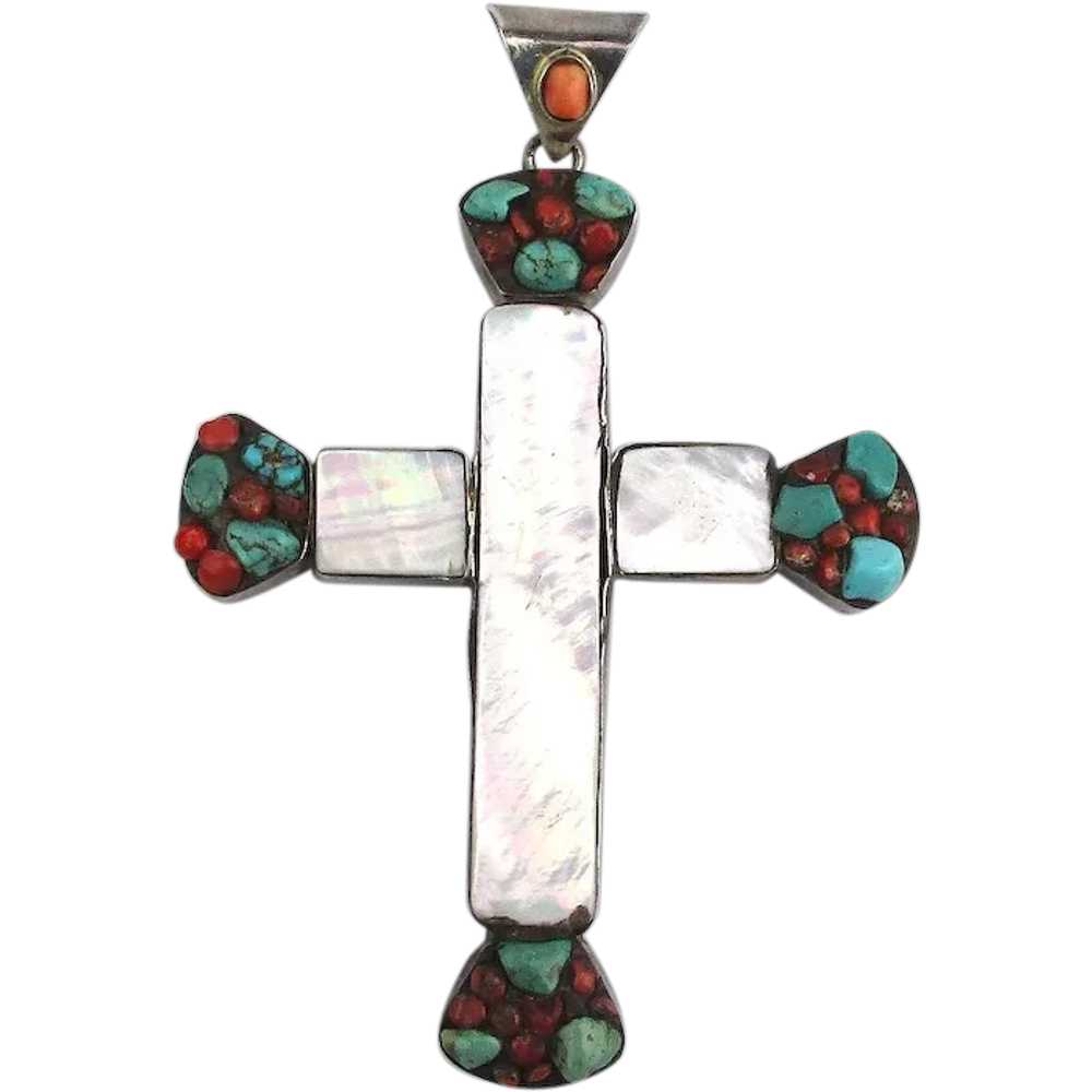 Large Mother-of-Pearl Turquoise Red Coral Cross P… - image 1