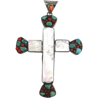 Large Mother-of-Pearl Turquoise Red Coral Cross P… - image 1