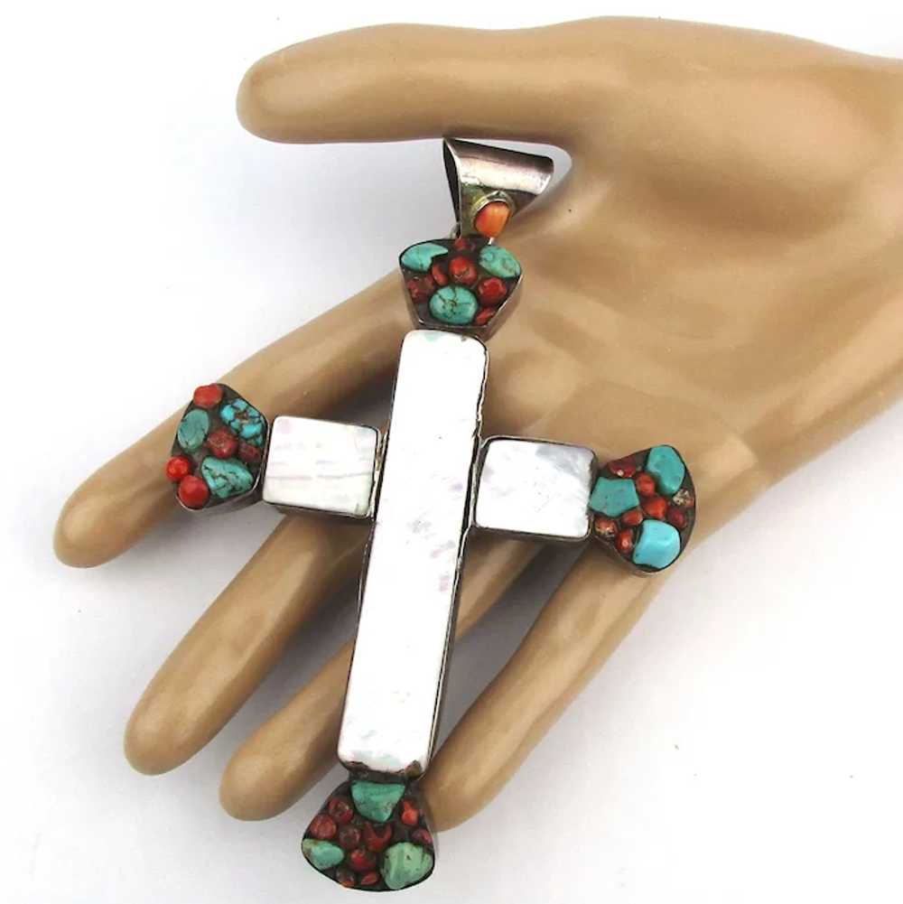 Large Mother-of-Pearl Turquoise Red Coral Cross P… - image 2