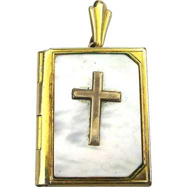 Gold-Filled Mother of Pearl Christian Locket Pend… - image 1