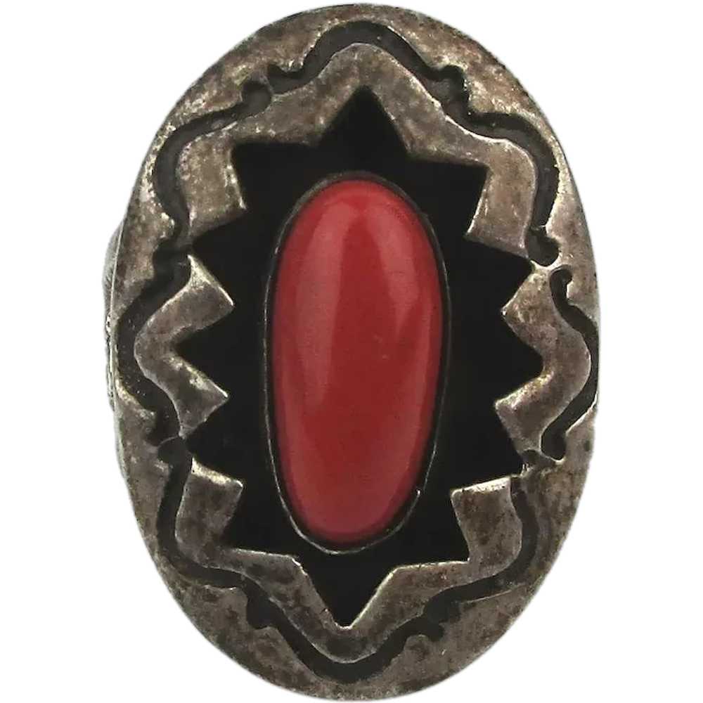 Old Navajo Sterling Silver Ring Shadowbox Red Cor… - image 1