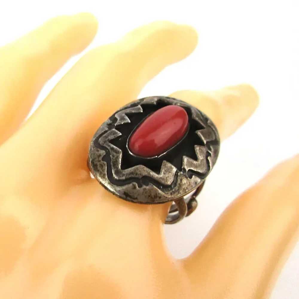 Old Navajo Sterling Silver Ring Shadowbox Red Cor… - image 2