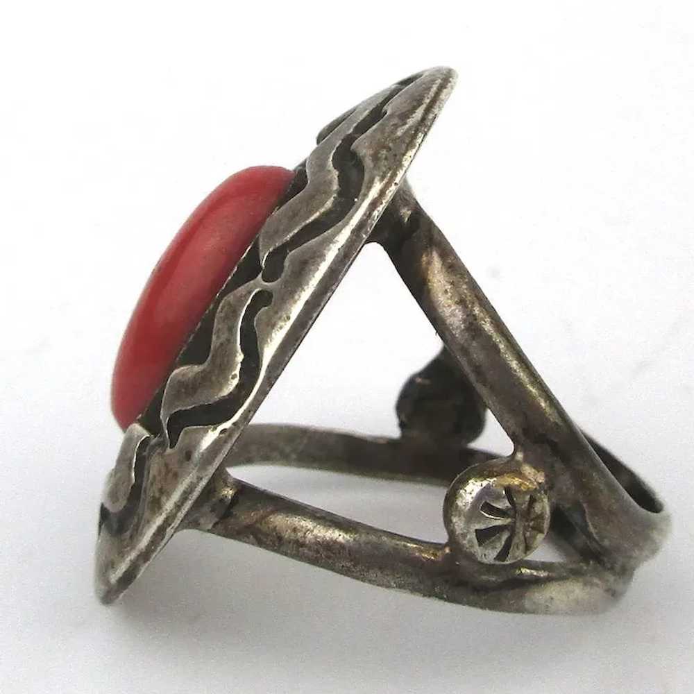 Old Navajo Sterling Silver Ring Shadowbox Red Cor… - image 3