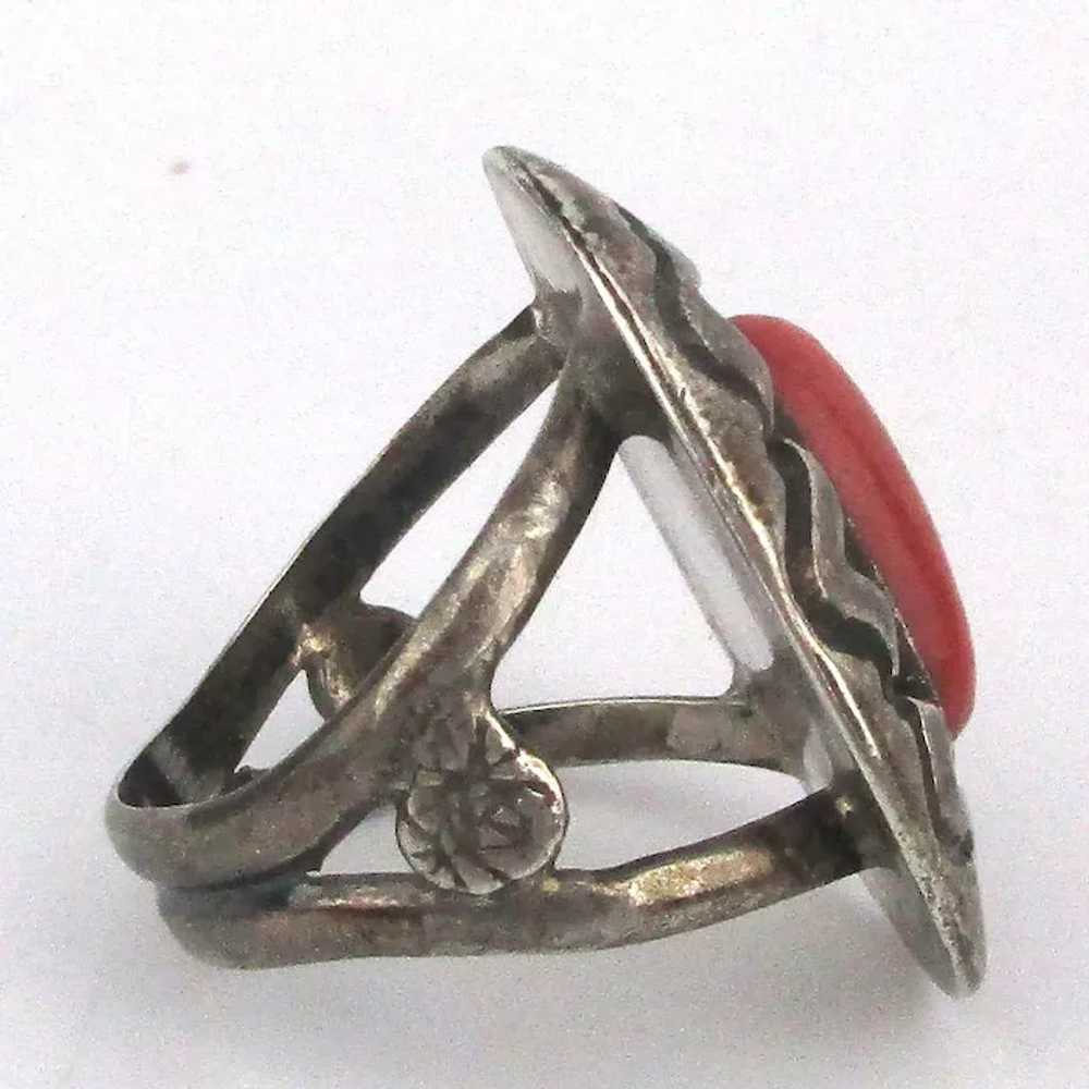 Old Navajo Sterling Silver Ring Shadowbox Red Cor… - image 4