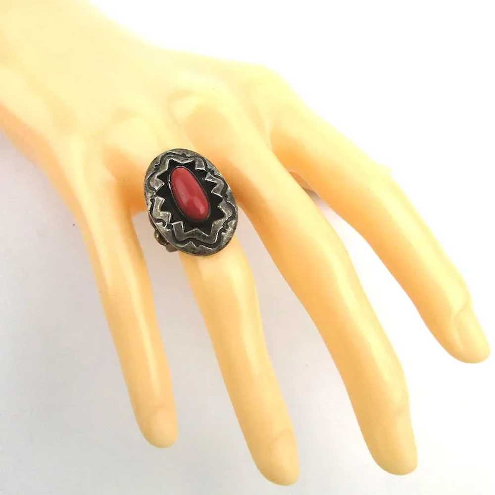 Old Navajo Sterling Silver Ring Shadowbox Red Cor… - image 5