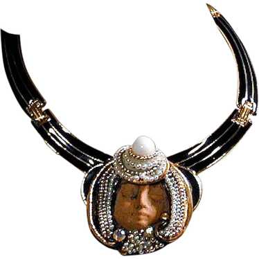 Vintage Jeweled Head Face Necklace Enamel Big & Bo